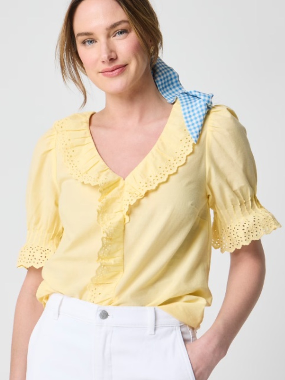 J crew pale banana Eyelet ruffle-front top